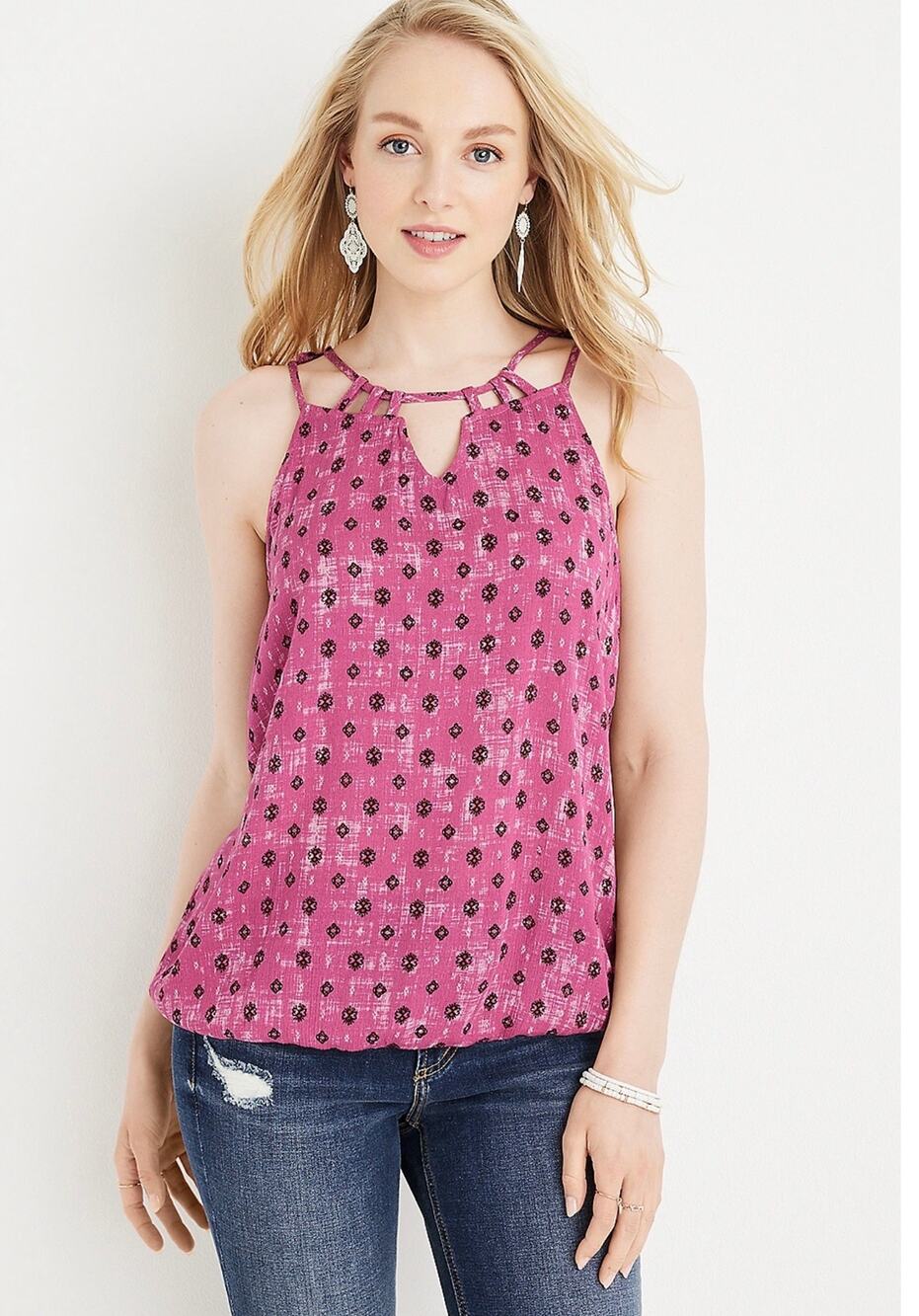 Maurices Lattice Neck Tank Top Size 4X in Pink Ikat Print